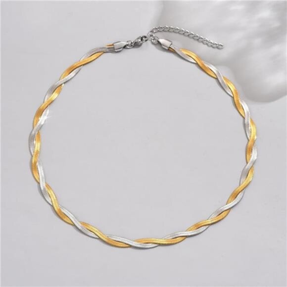 18K Gold Plated Snake Chain Herringbone Necklace Layered Double Chain Choker - Picture 5 of 7